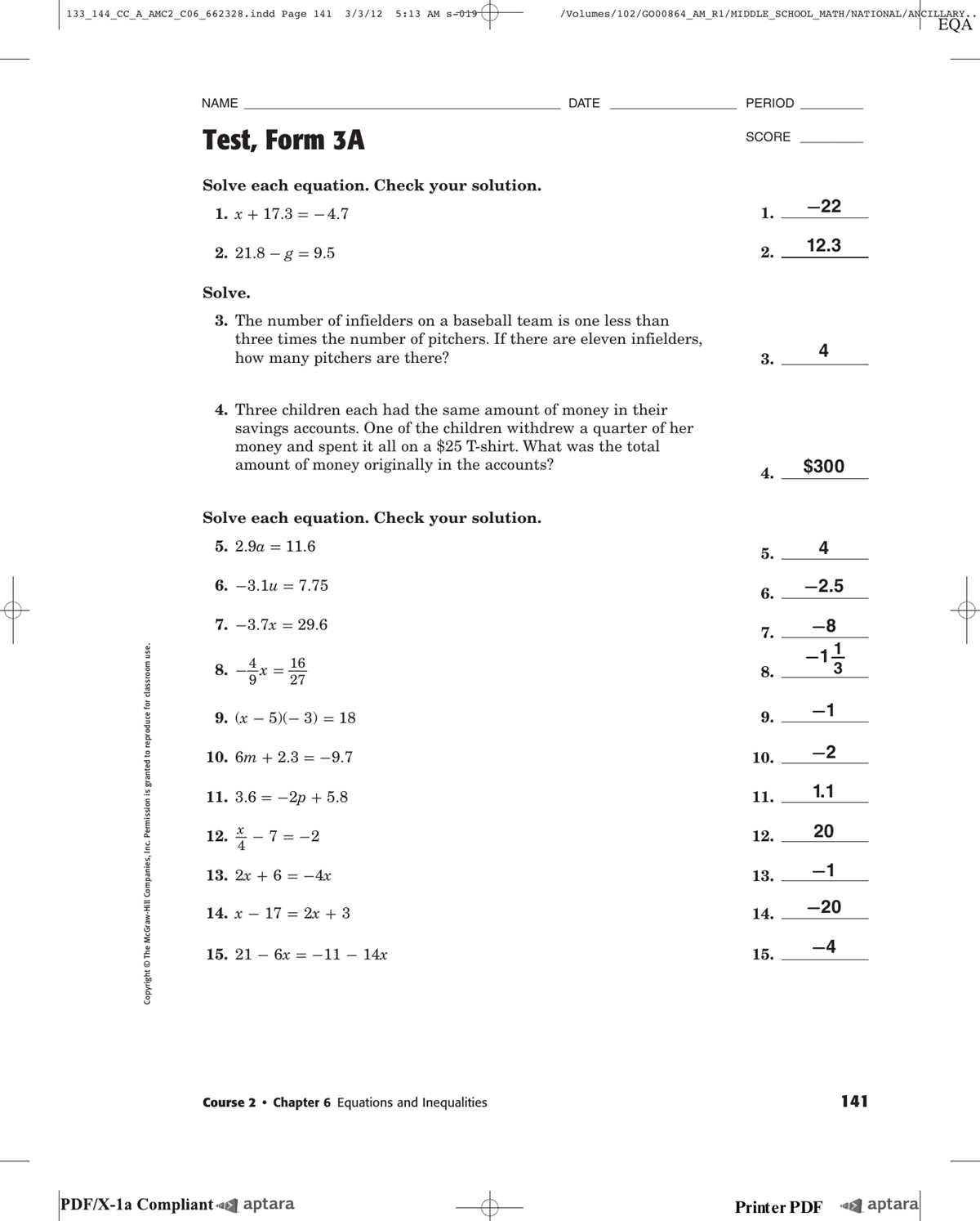algebra 1 module 3 test answers