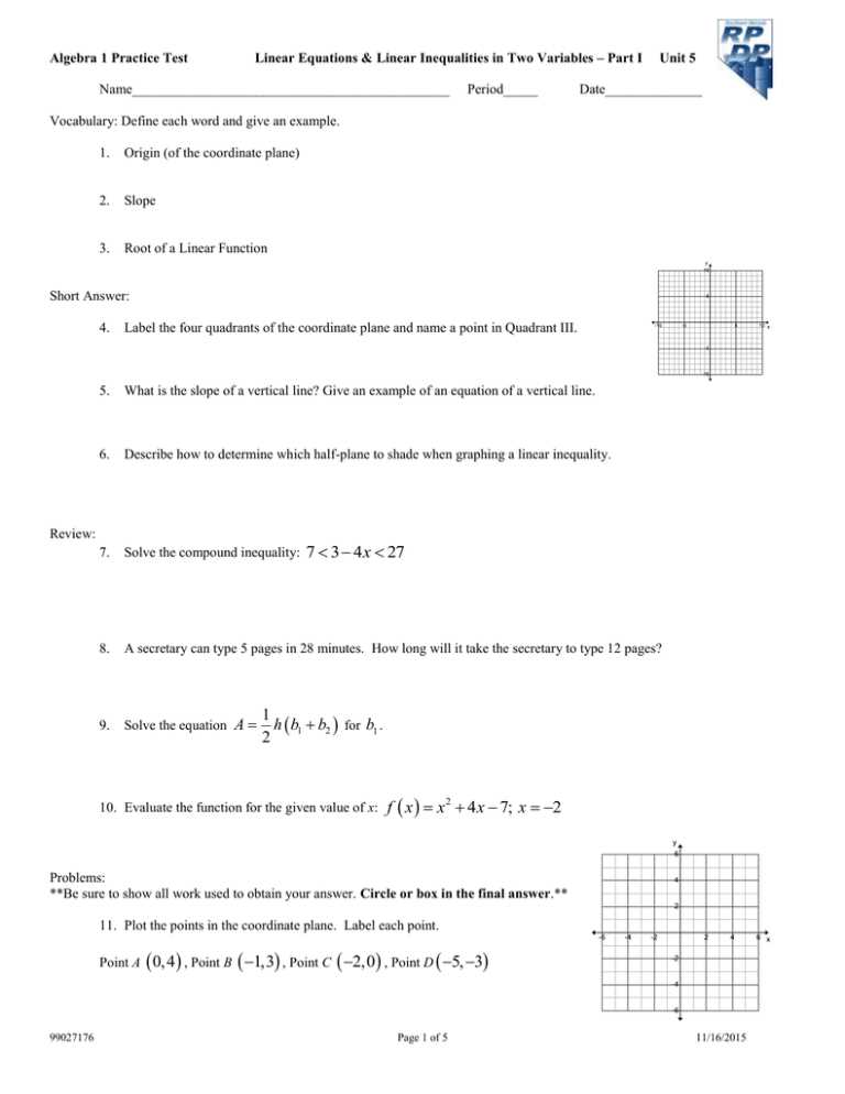 algebra 1 unit 3 test relations and functions answer key
