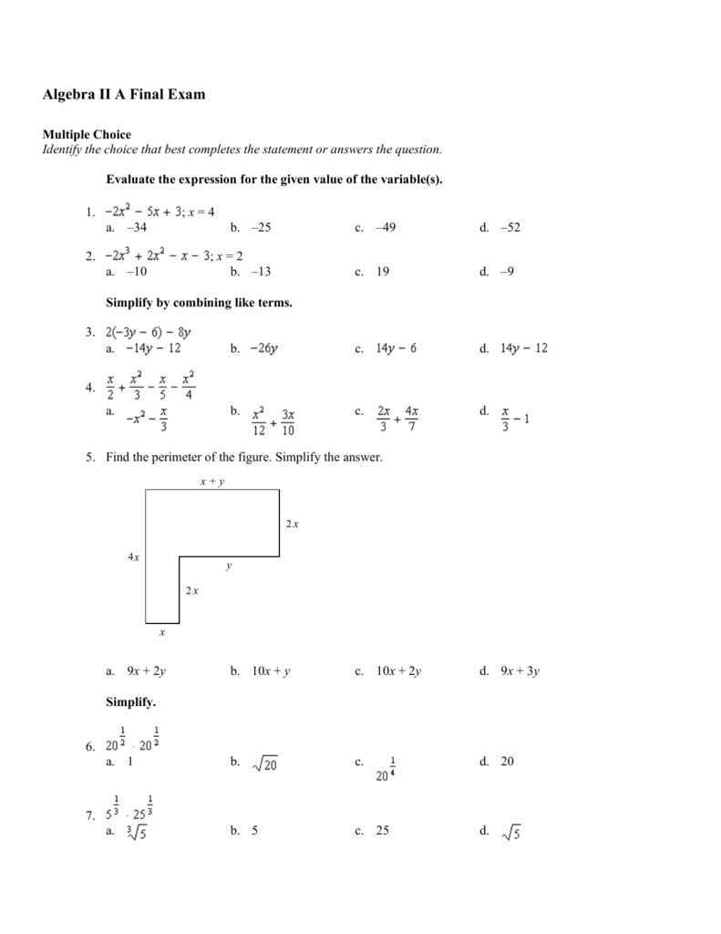 algebra ii final exam answers
