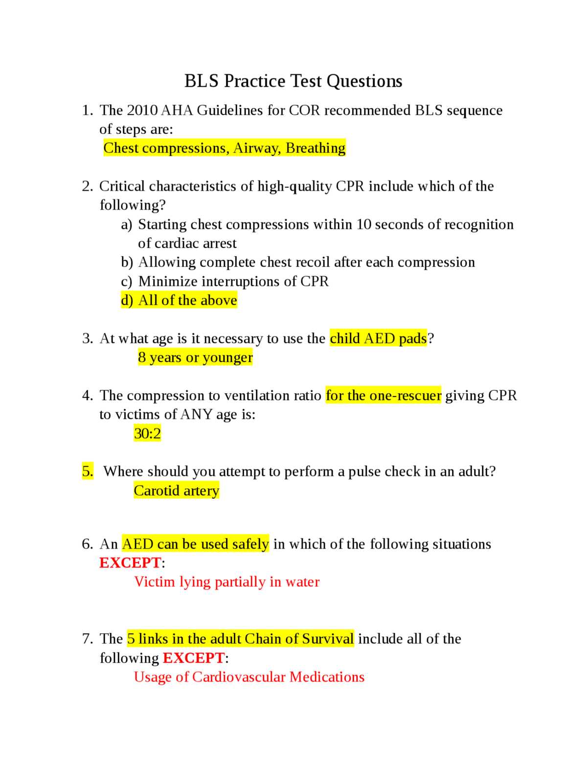american heart association bls exam a answers
