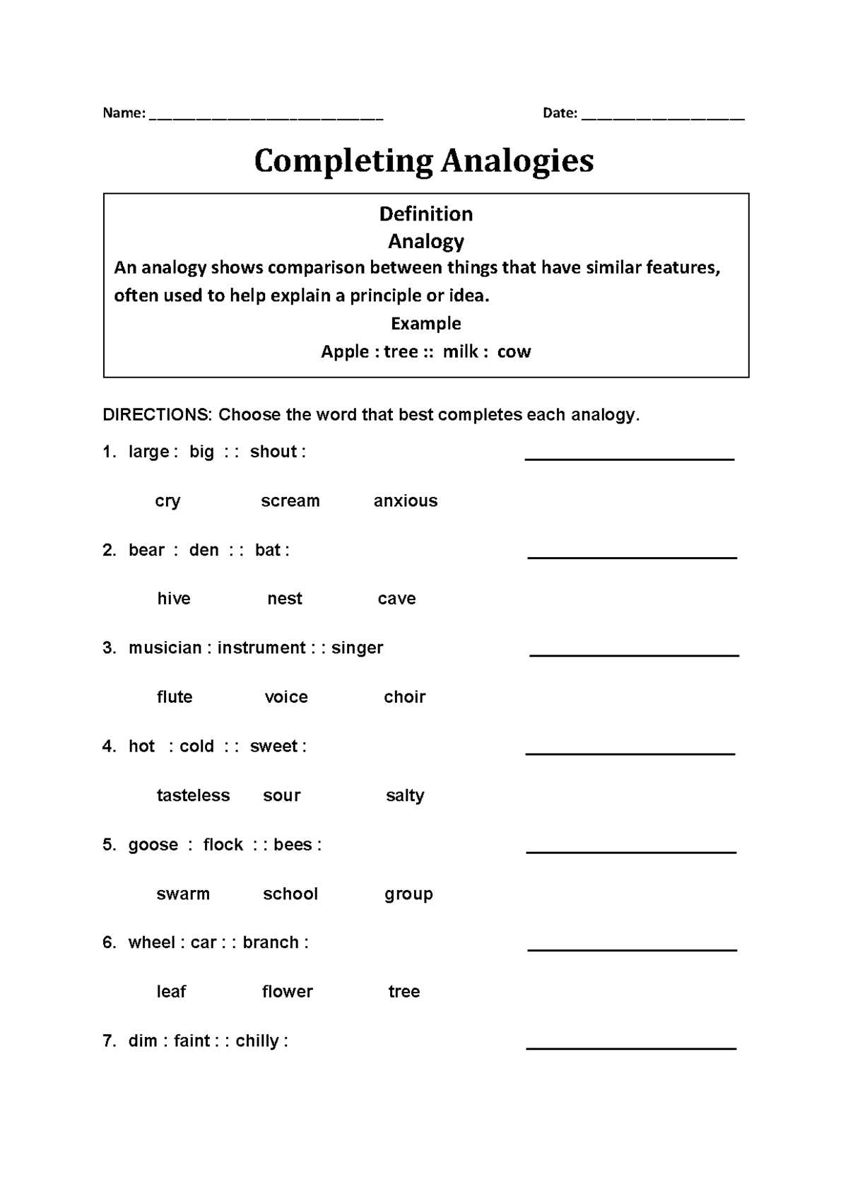 analogy sample test with answer