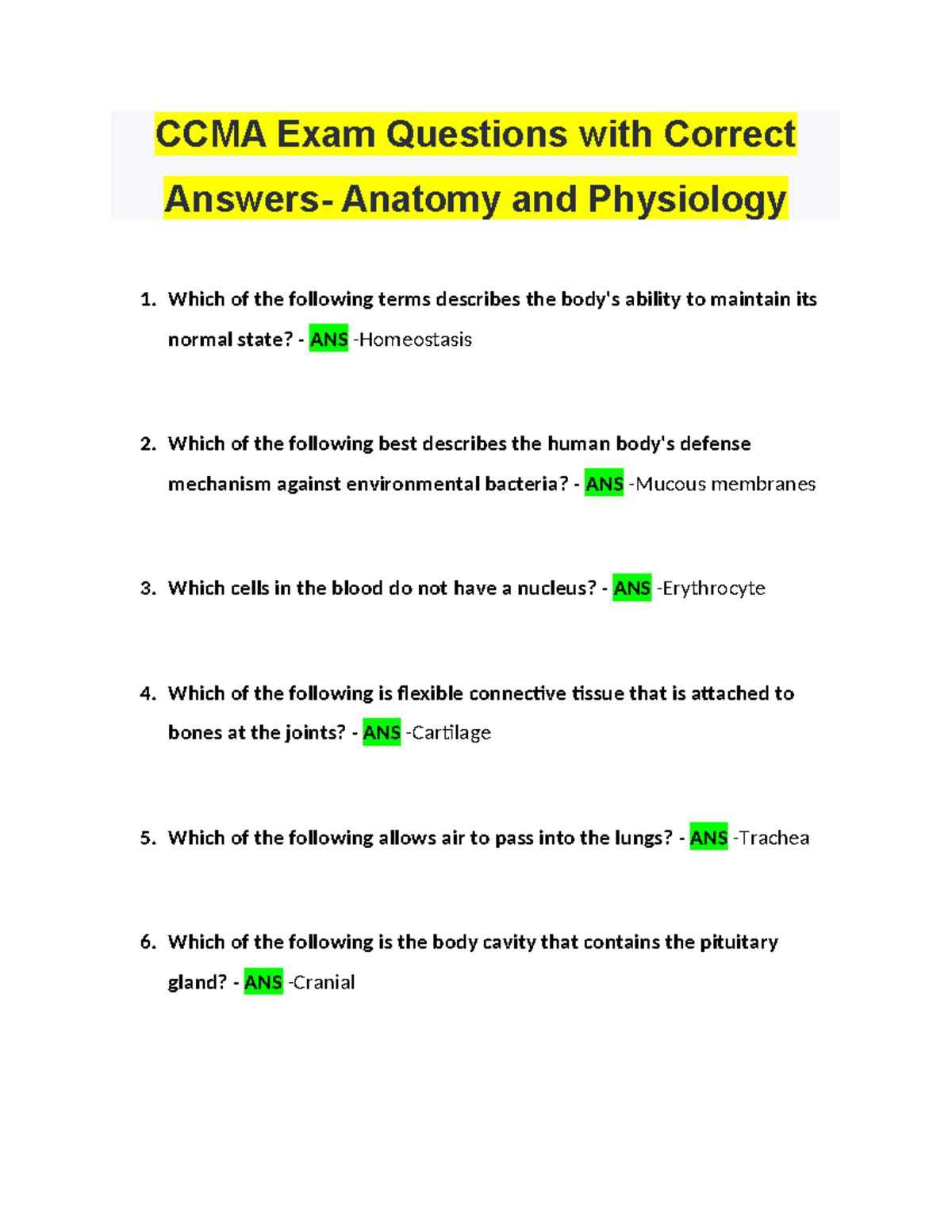 anatomy and physiology final exam questions and answers