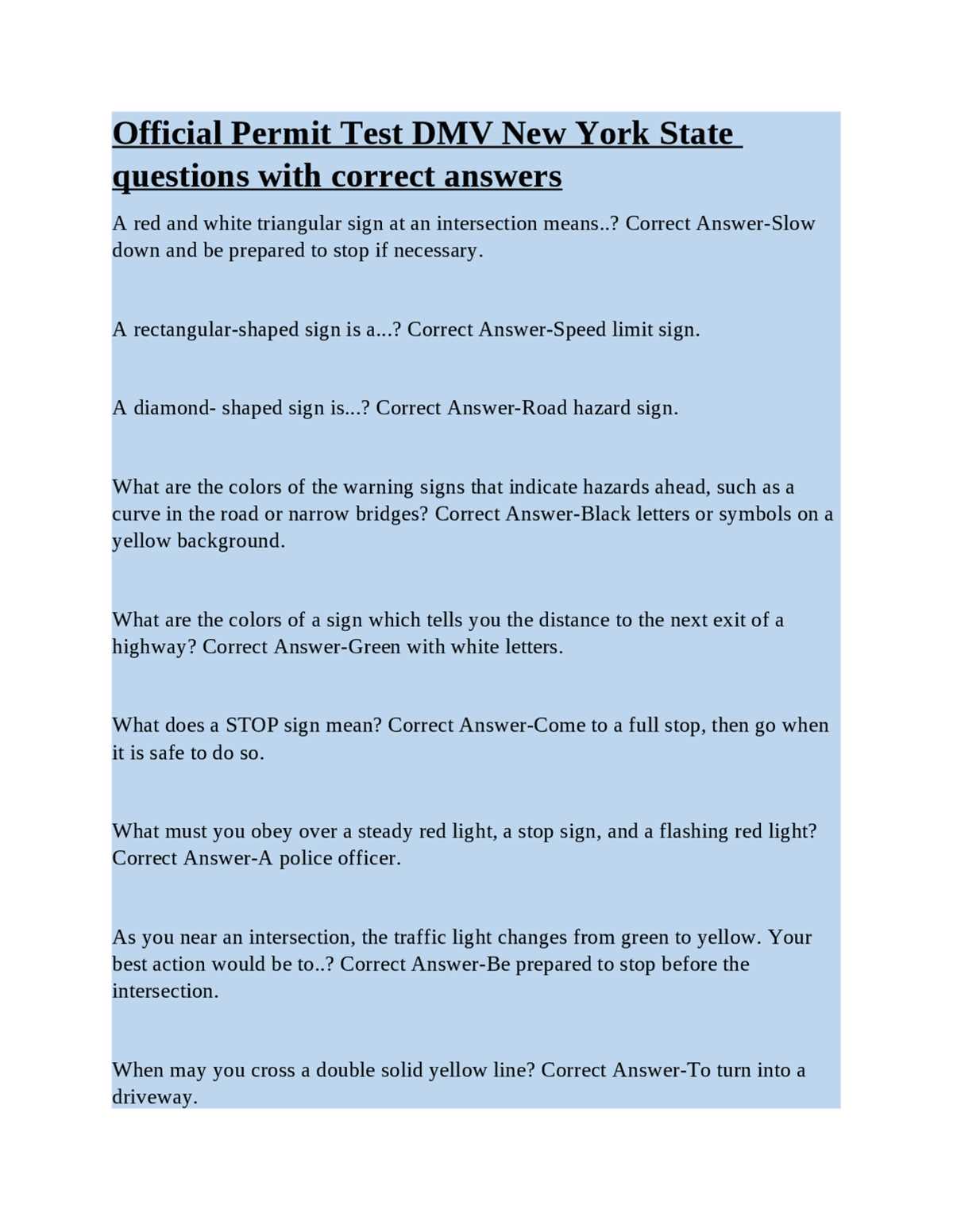 answers for permit test in ny