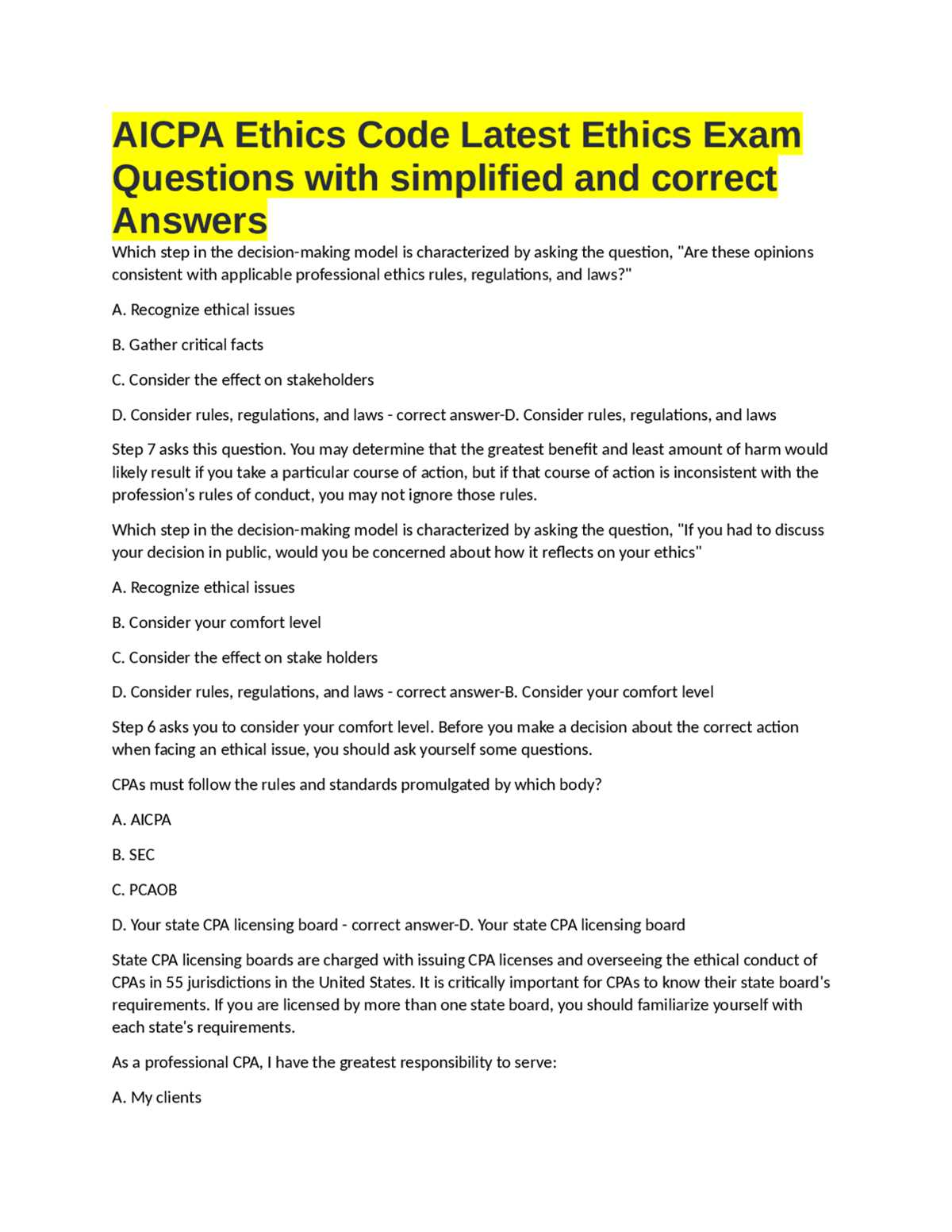 answers to aicpa ethics exam answers to aicpa ethics exam