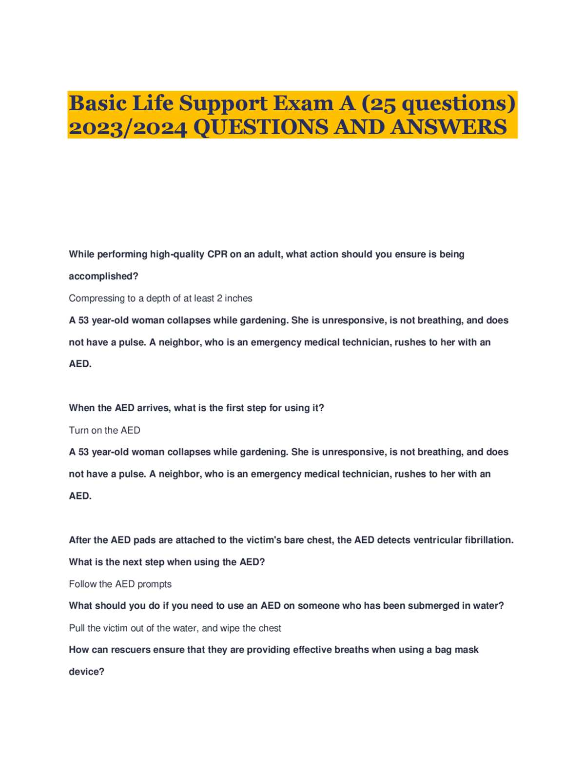 answers to basic life support exam a