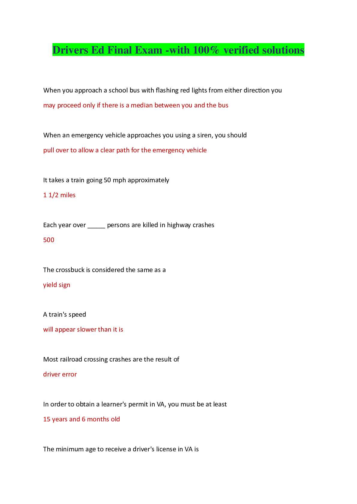 answers to drivers ed final test