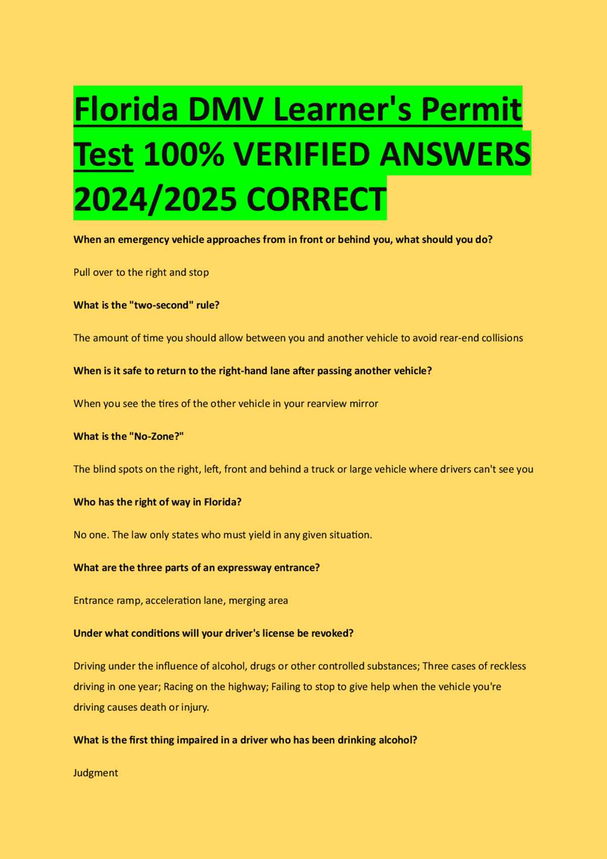 answers to driving test florida