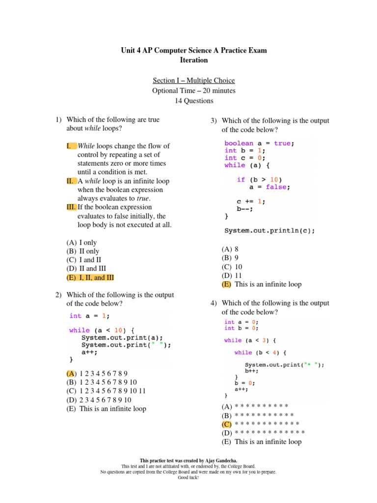 ap computer science unit 7 test answers