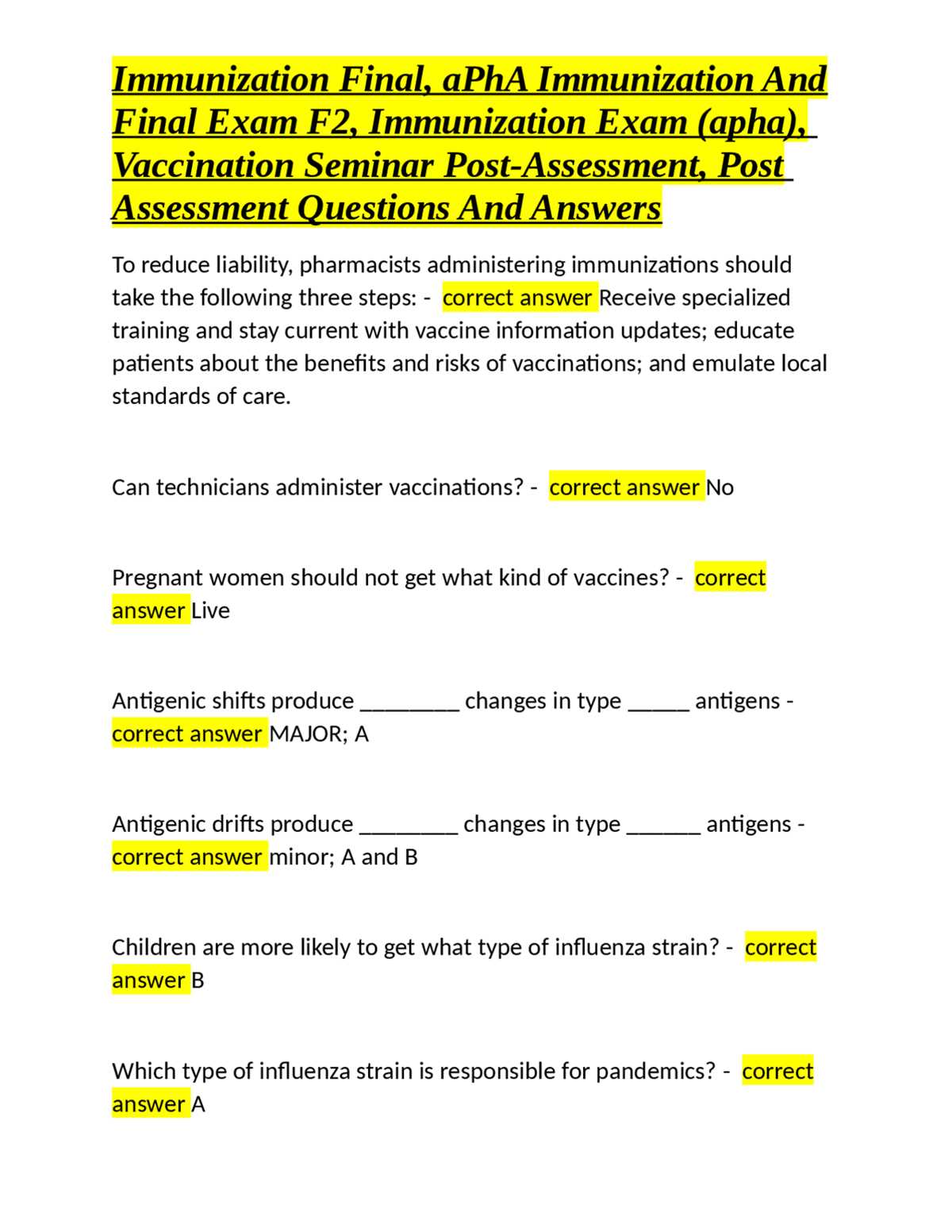 apha immunization exam answers