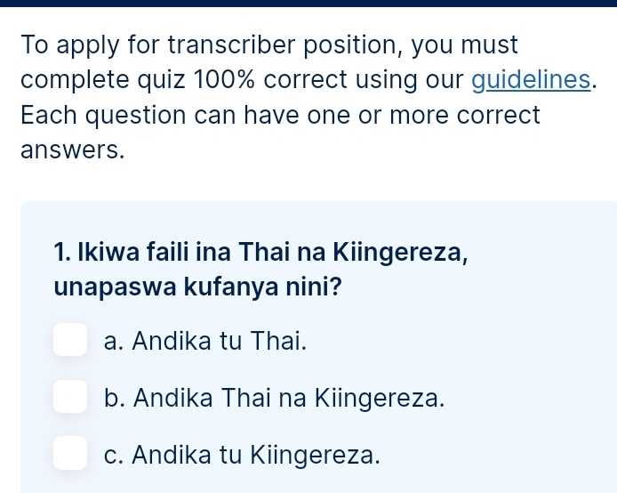apply for transcriber position test answers