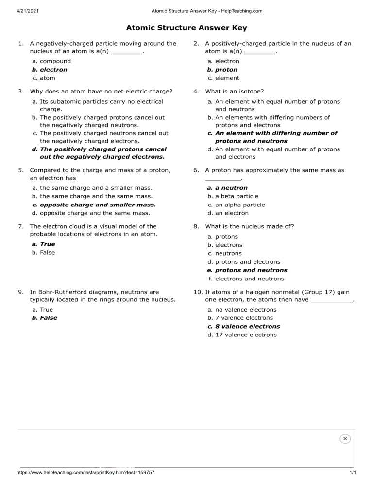 atomic structure test answers