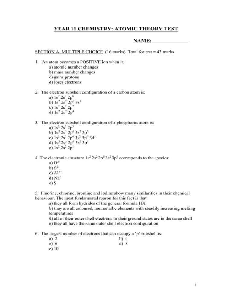 atomic theory test answer key