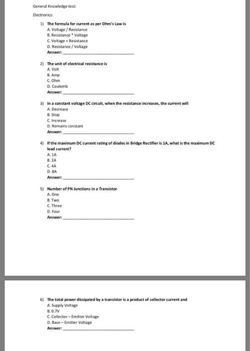 basic electronics test with answers