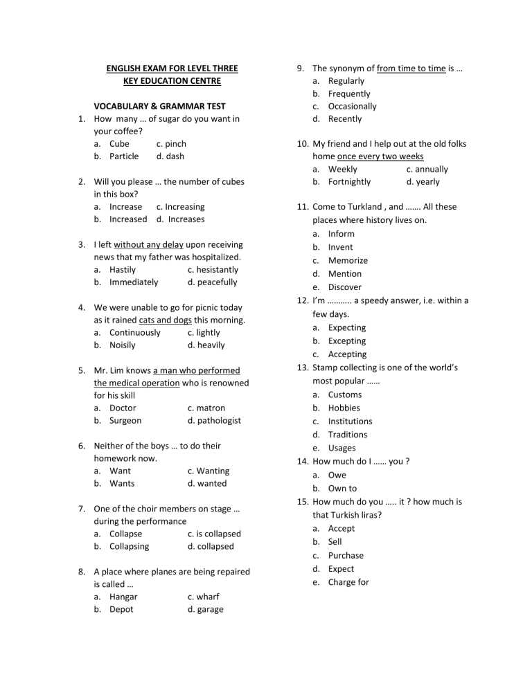 english level test with answers