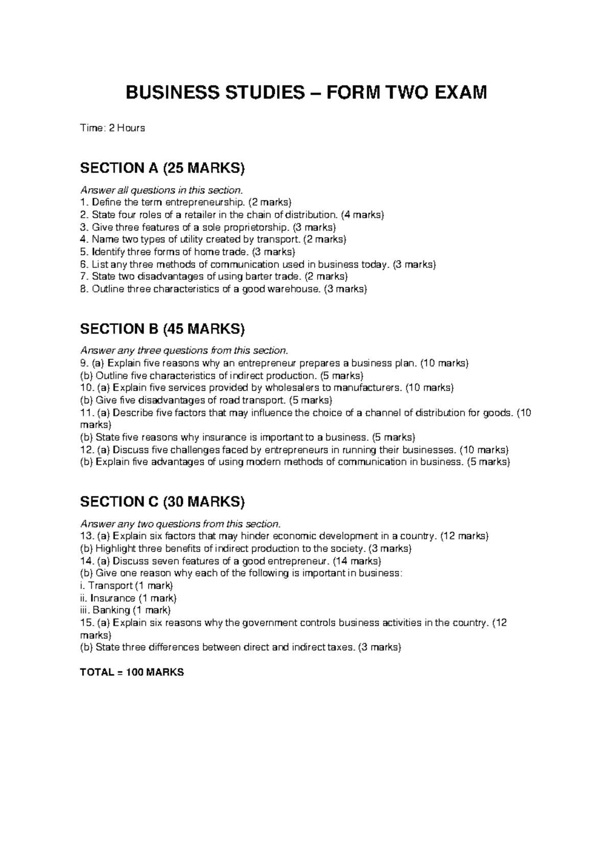 business studies exam questions and answers