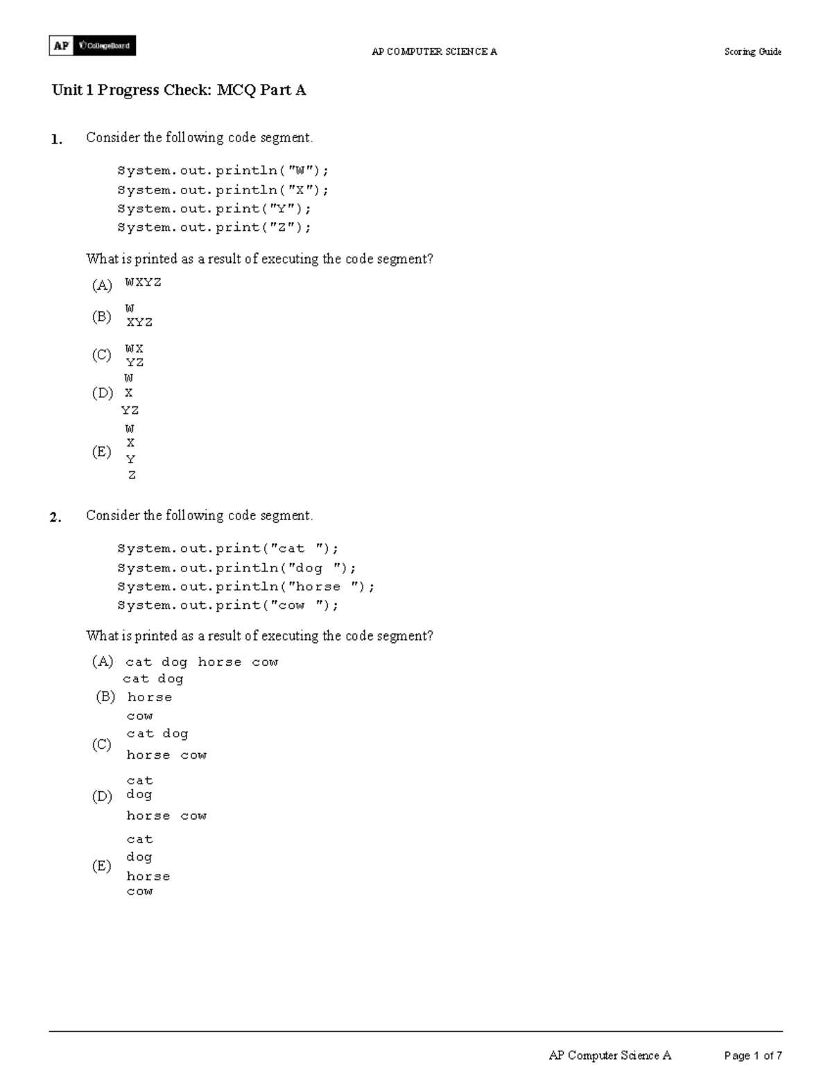 ap csa 2026 practice exam mcq answers
