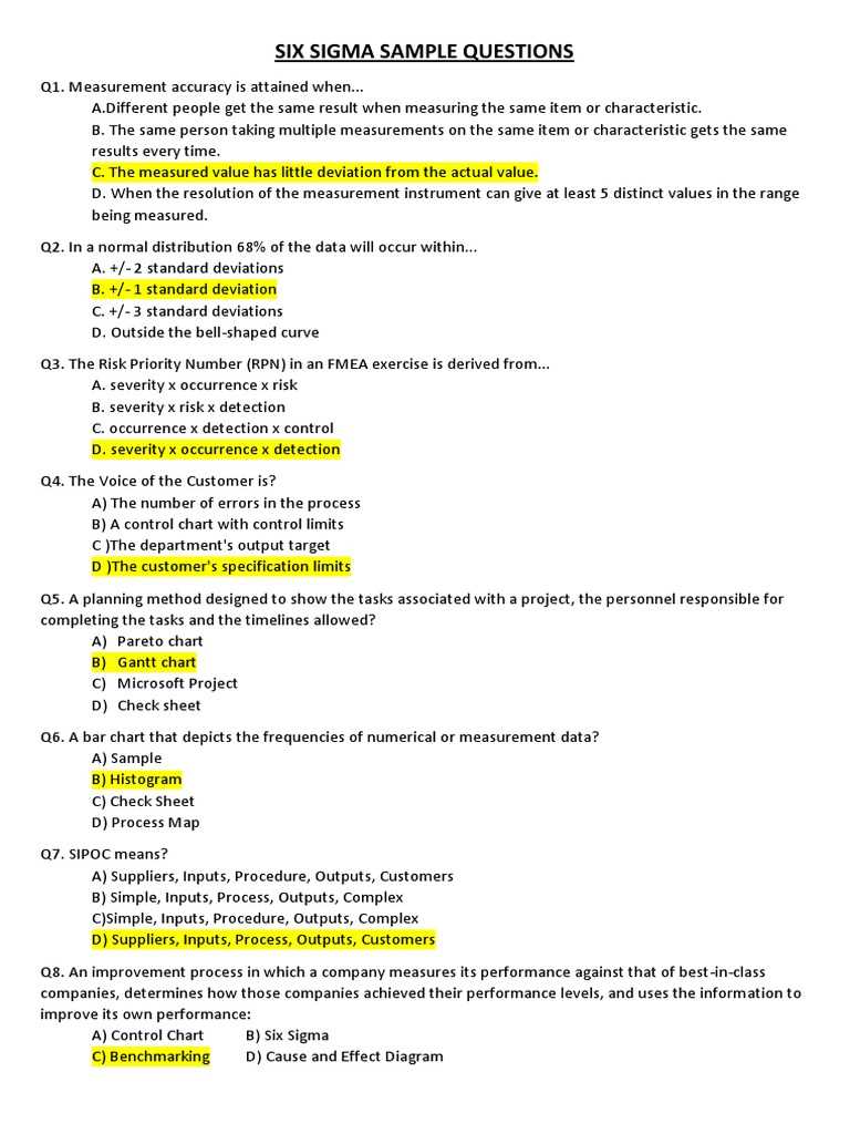 six sigma black belt test questions and answers
