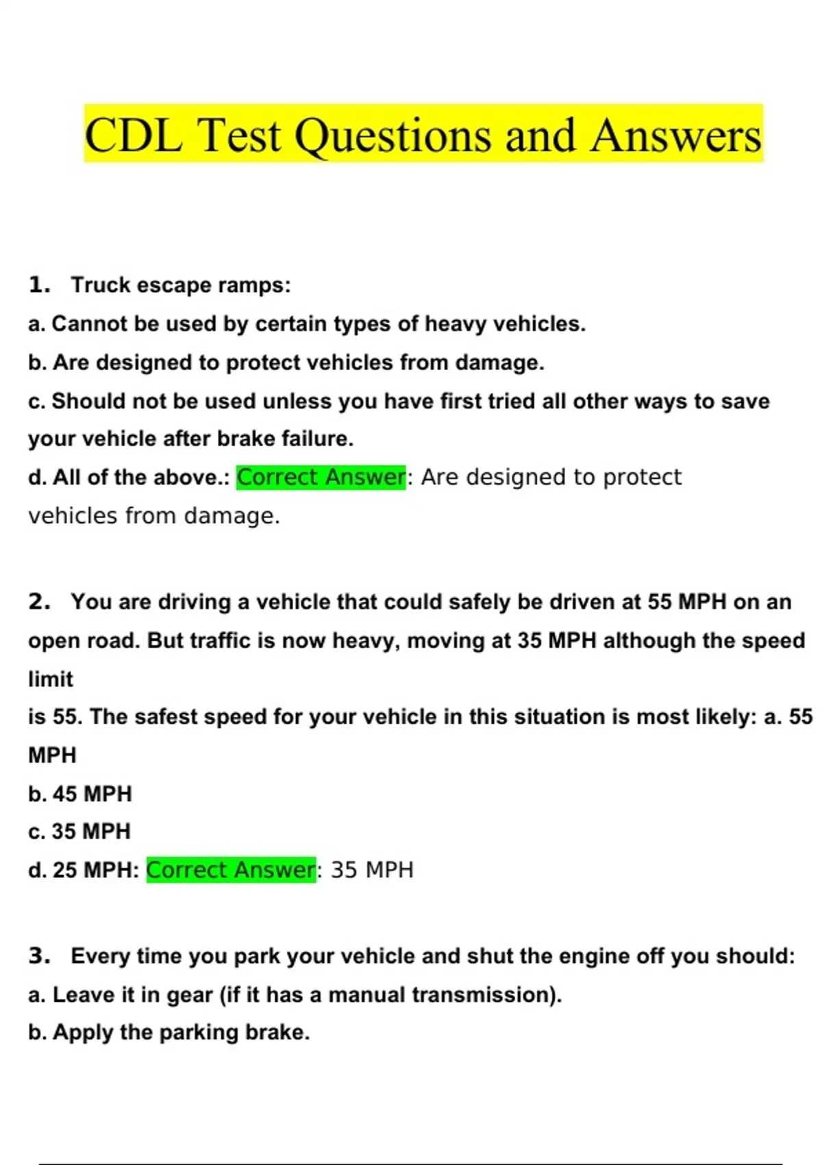 cdl driving test questions and answers