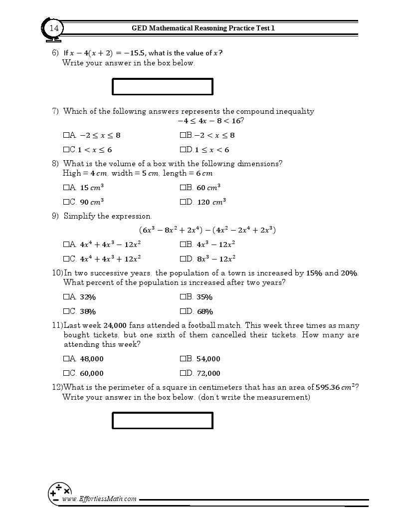 practice ged math test with answers
