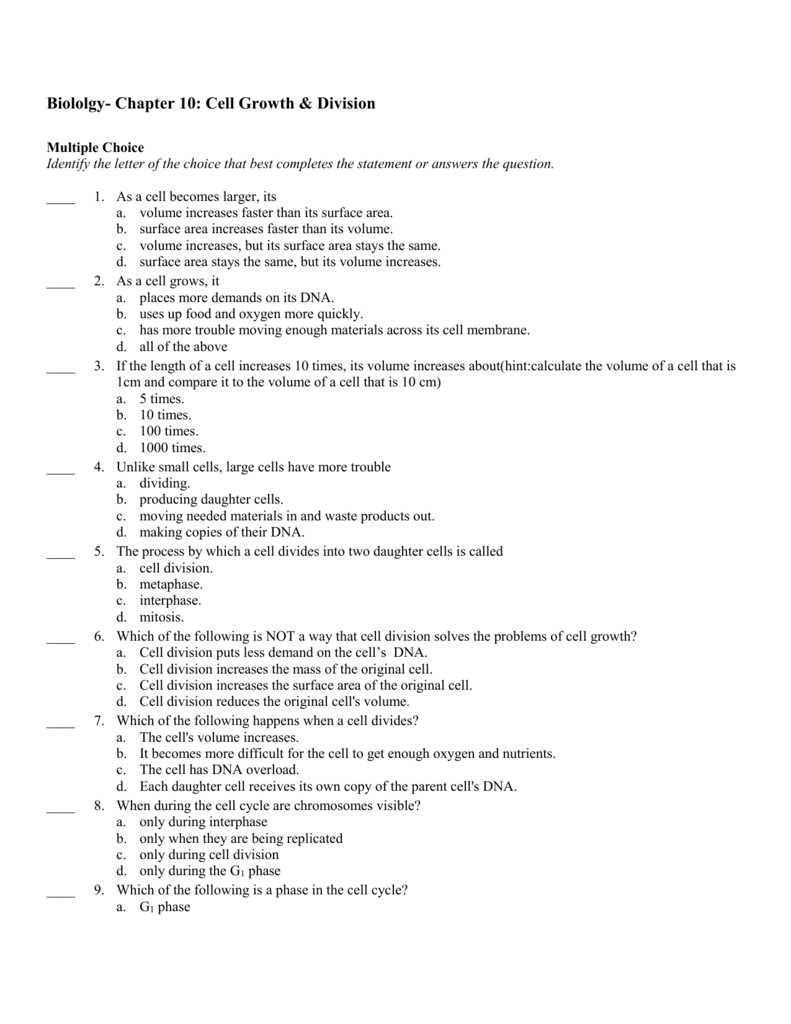 cell division practice test answer key