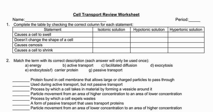 cells and cell transport test answer key
