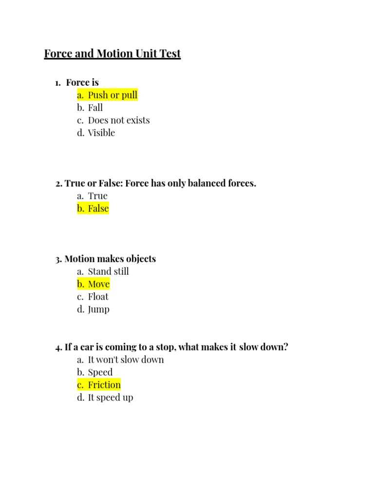 forces and motion unit test study guide answers