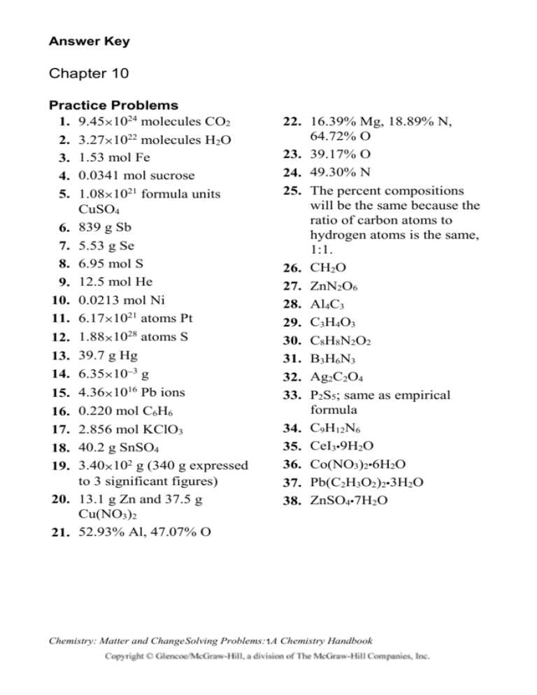 chapter 10 chemical quantities test answers