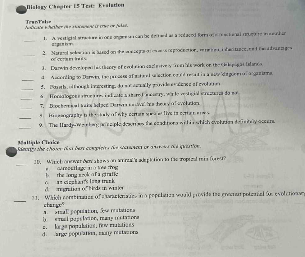 chapter 15 biology test answers