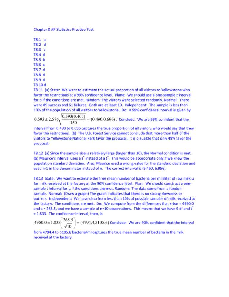 chapter 8 ap statistics test answers