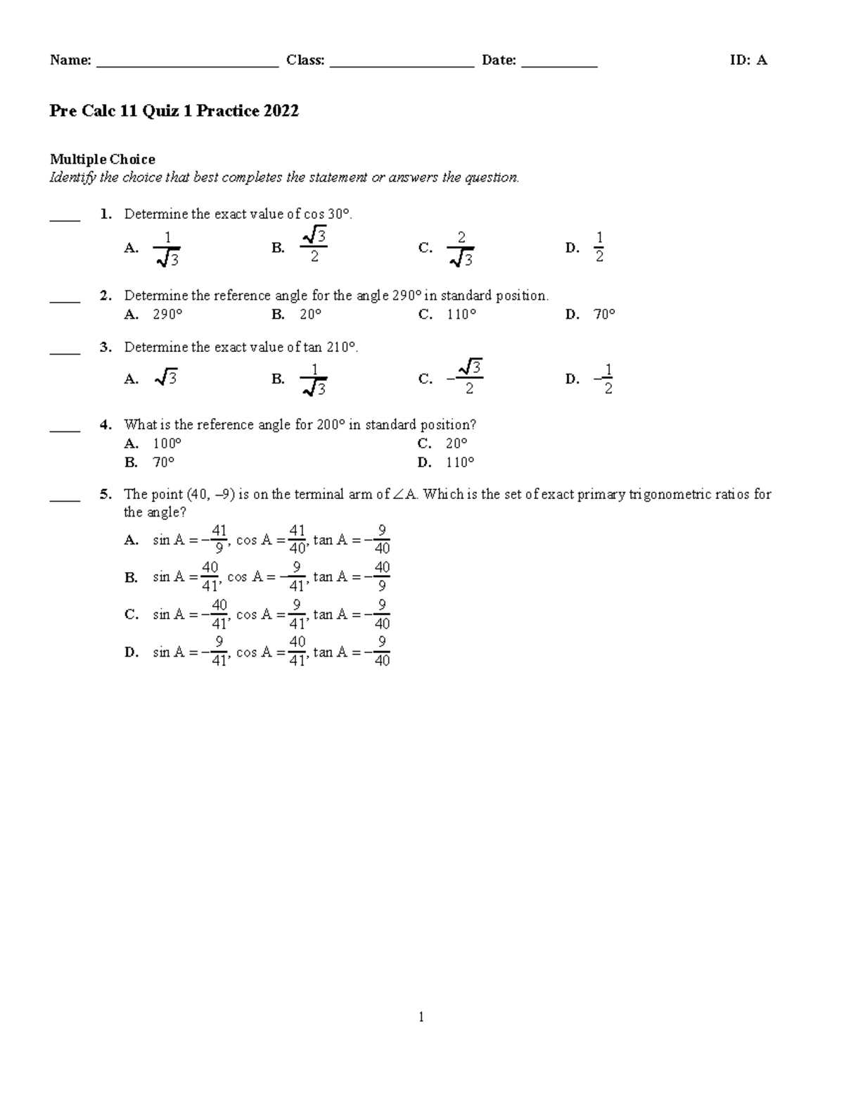 chapter test form 1a answers
