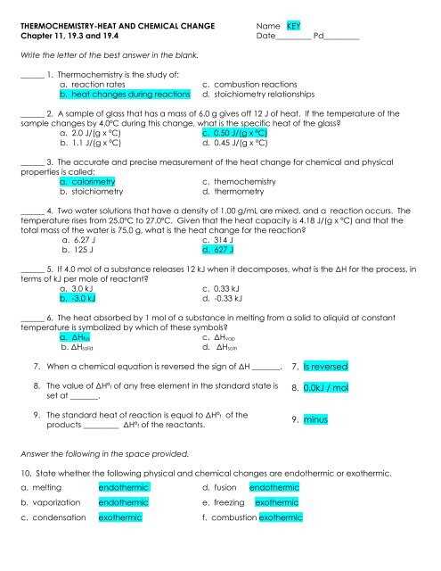 chemical reactions chapter test b answer key