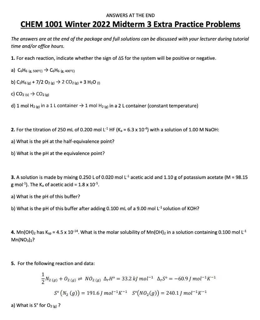 chemistry midterm exam answers