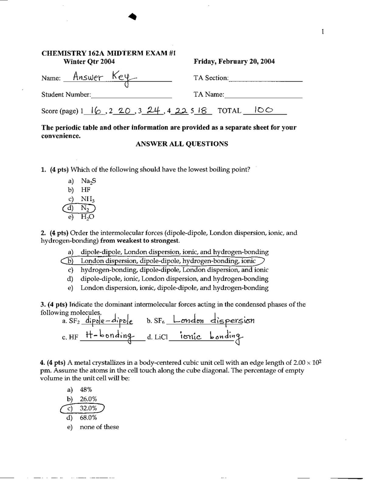 chemistry midterm exam review answers