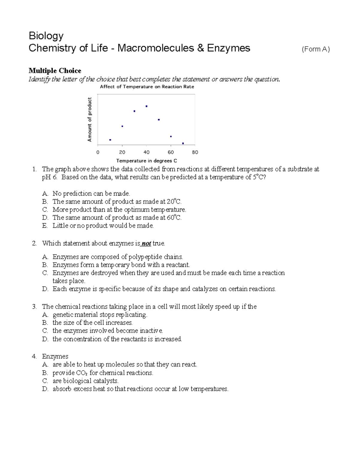 chemistry of life test answer key