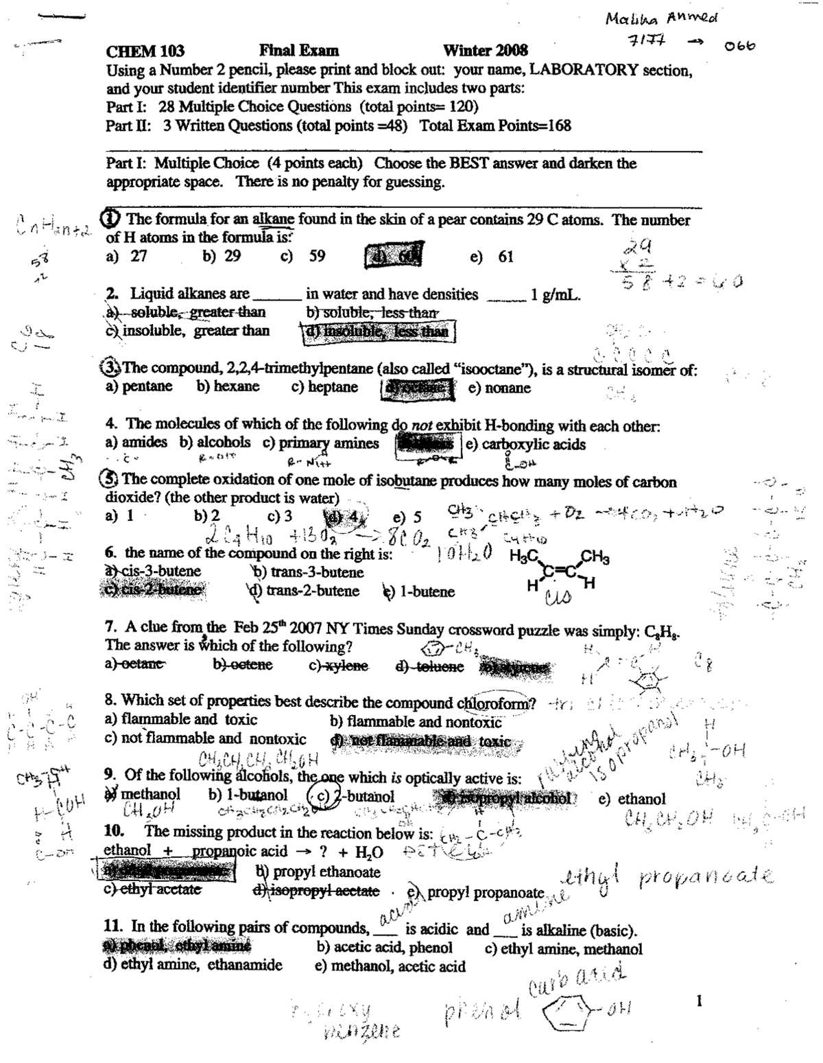 chemistry semester 2 final exam answers