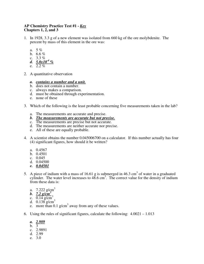 chemistry standardized test practice answer key
