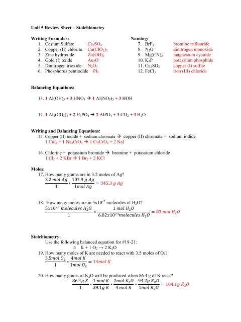 chemistry unit 5 test answers