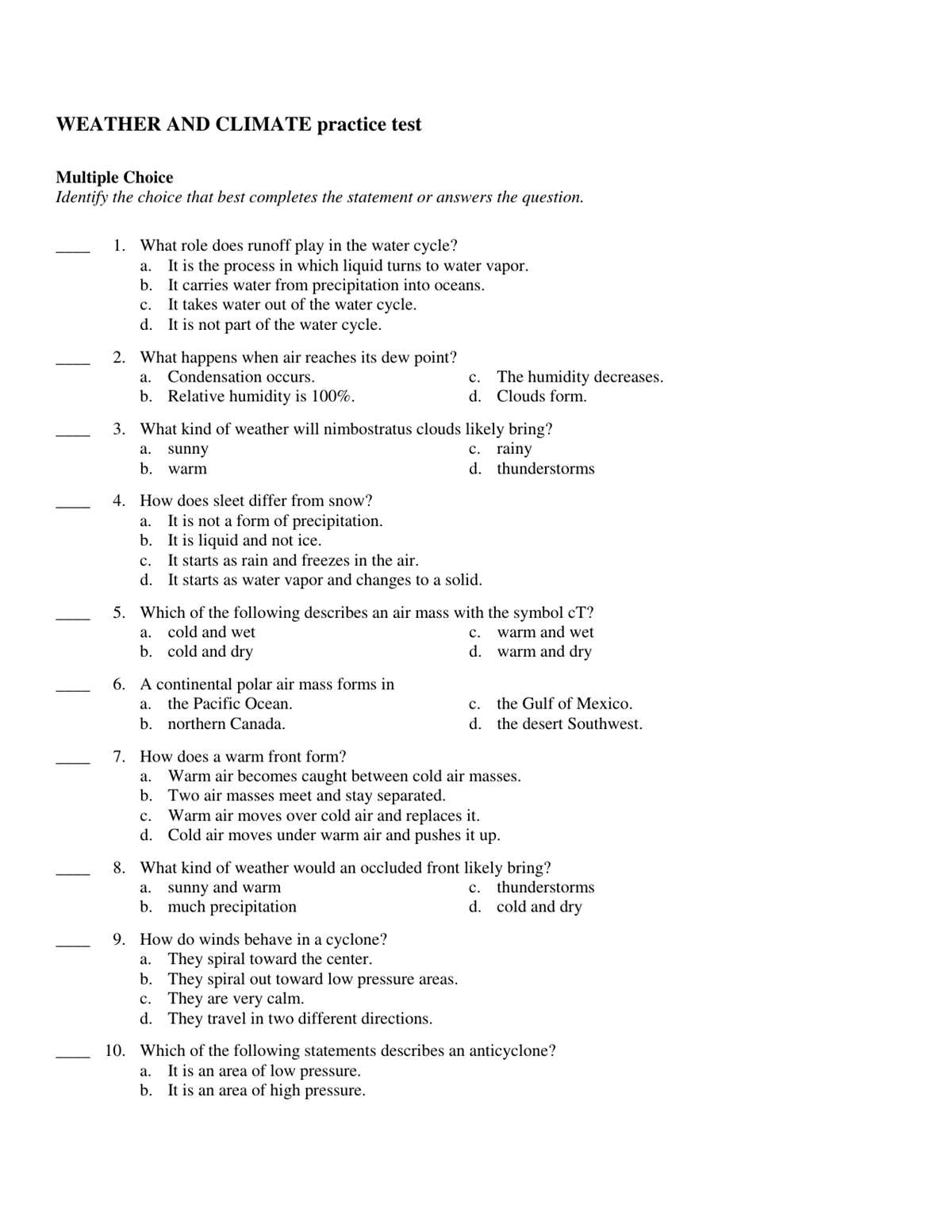 climate test questions and answers