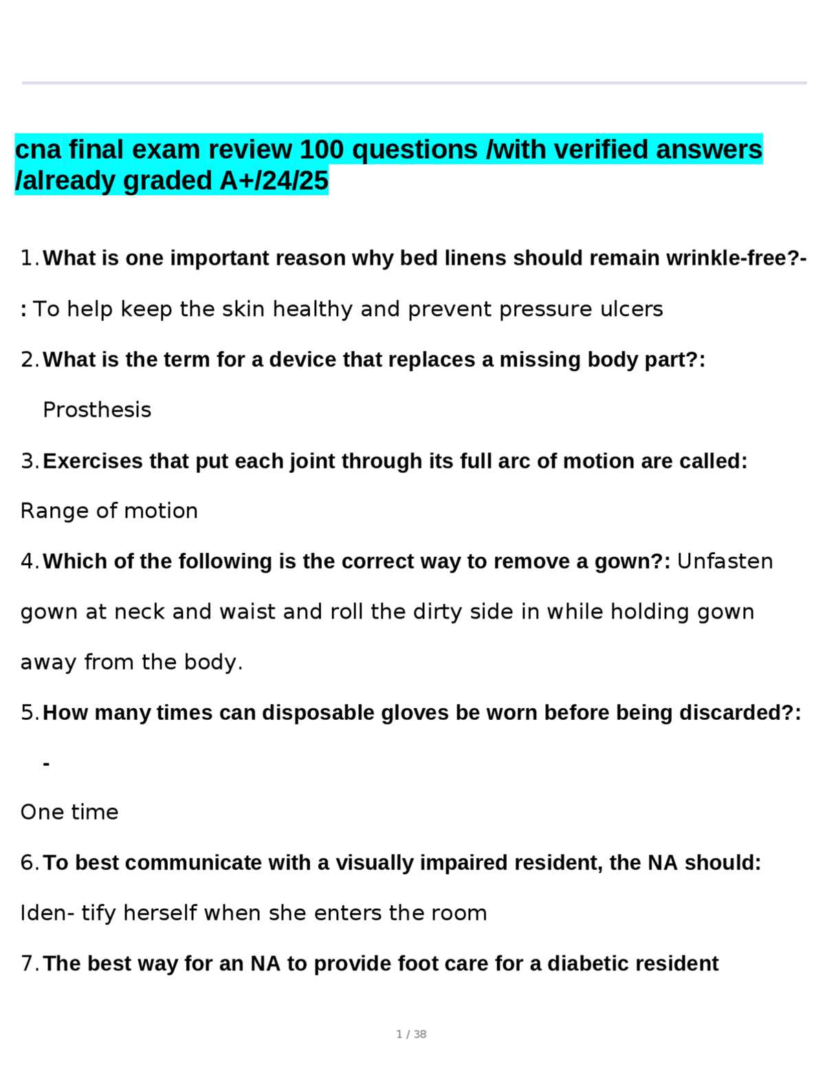 cna final exam 100 questions and answers 2026