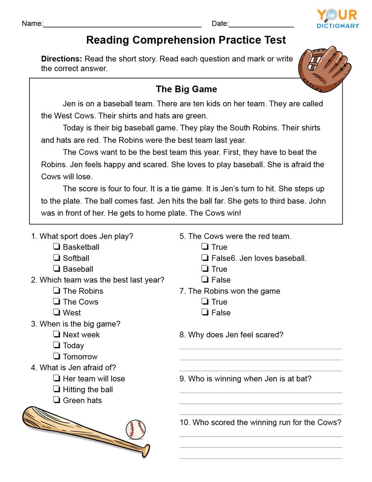 comprehension test with answers