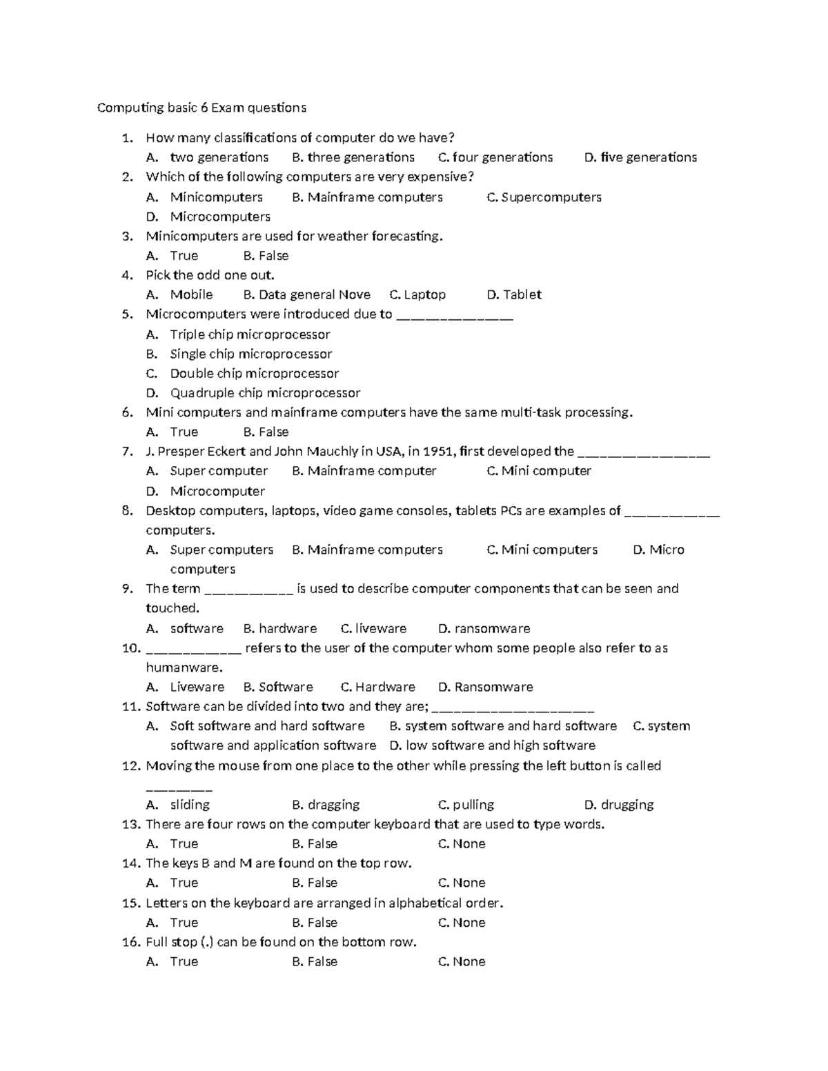 computer test questions and answers