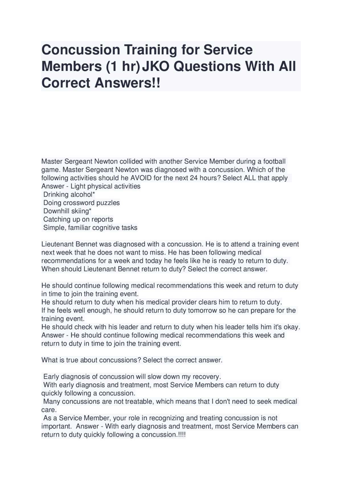 concussion training for service members jko post test answers