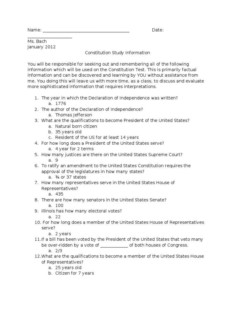 constitution test answer key