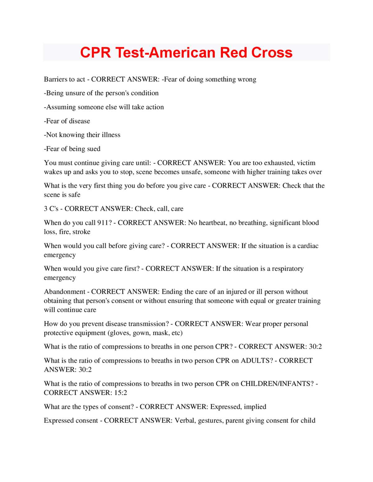 cpr test questions and answers red cross