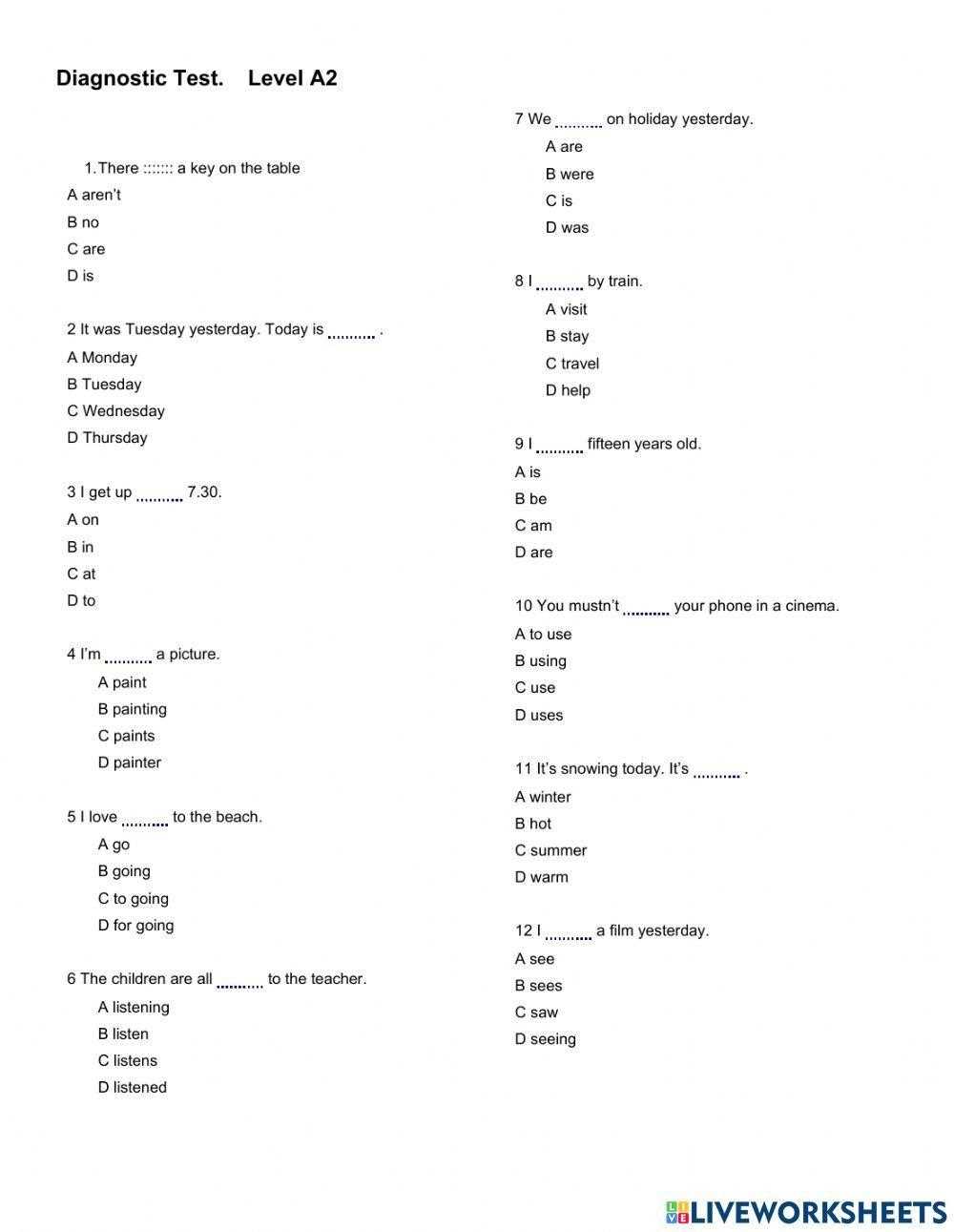 diagnostic test in english with answers