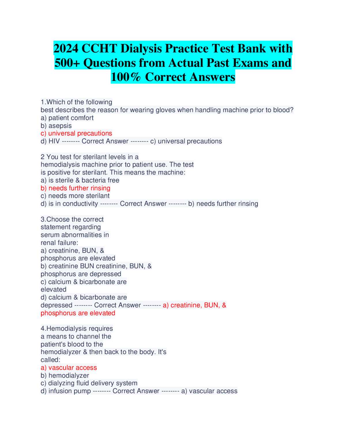dialysis technician exam questions and answers