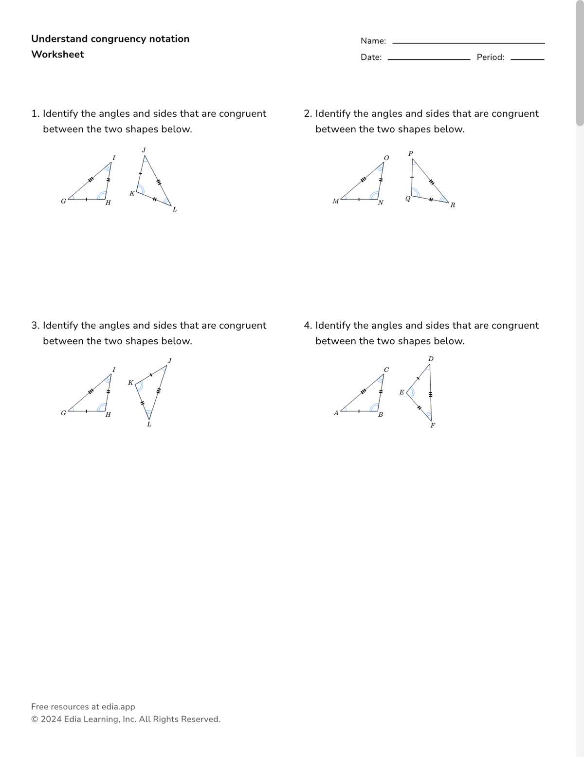 congruent triangles test answer key