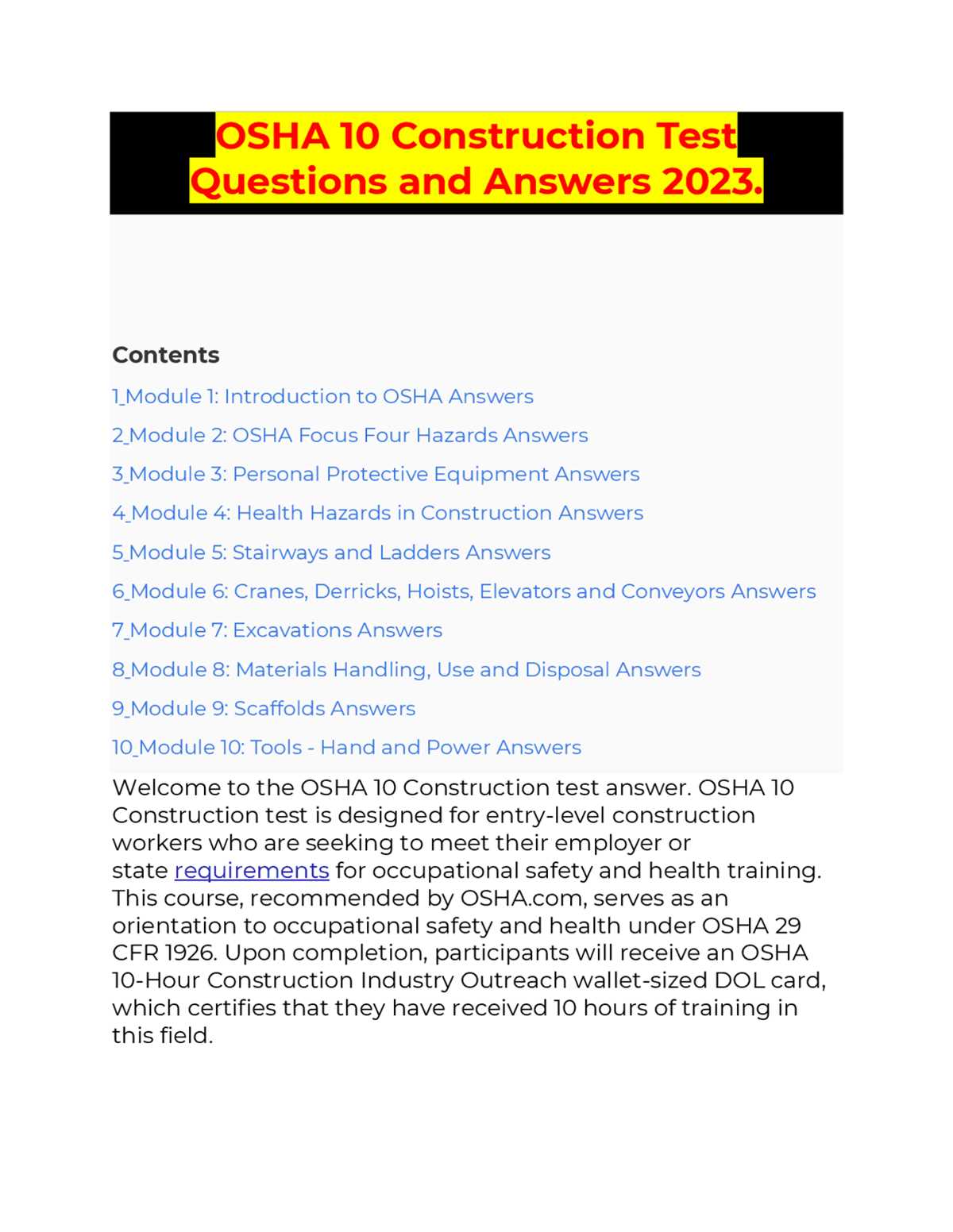 osha 10 hour construction industry outreach final exam answers