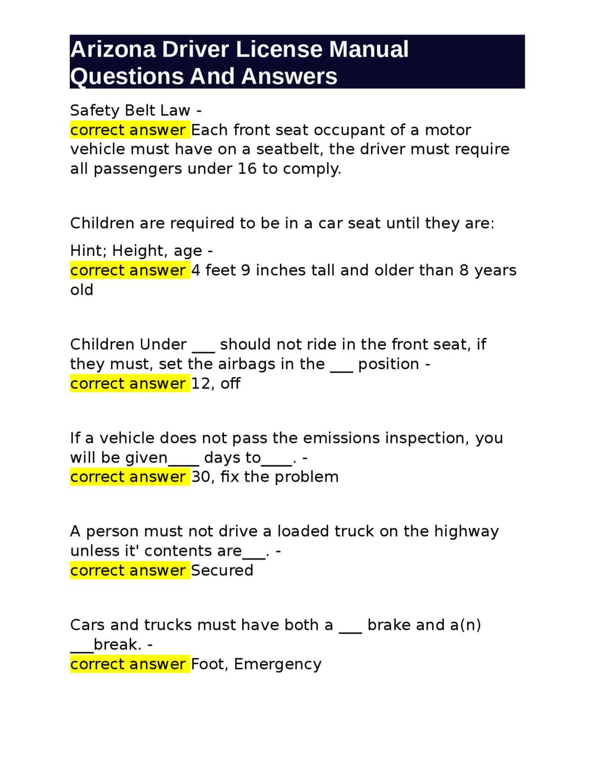 driving test questions and answers arizona