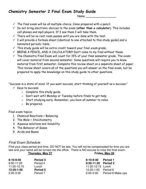 chemistry semester 1 exam answers
